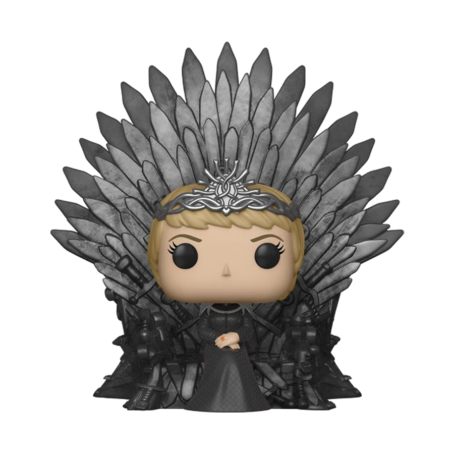 The A Game of Thrones - Cersei on Iron Throne Pop! Deluxe features a stylized figure of Cersei with a crown, short hair, and dark outfit seated on the intricately detailed sword-crafted throne.
