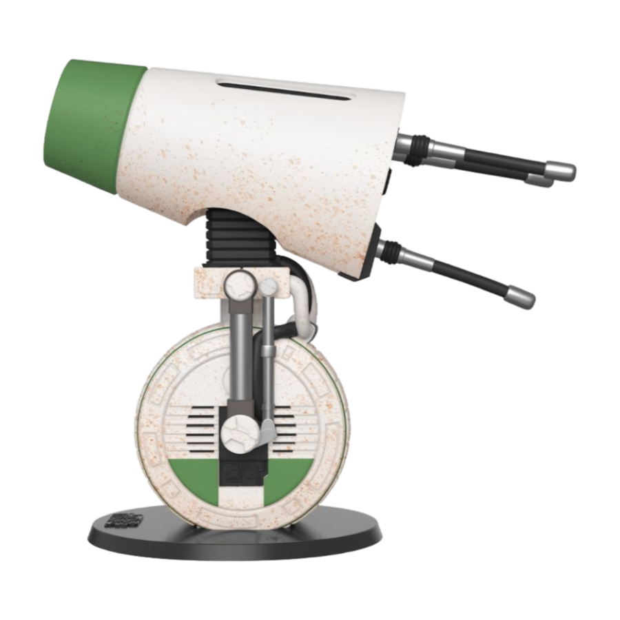 This 10 Pop! Vinyl is a stylized robotic figure inspired by D-0 from Star Wars: Episode IX, featuring a sleek white cylindrical body with a green top and wheel base, and two small black antennae. Its elegantly mounted on a round black stand. This item is a US Exclusive.