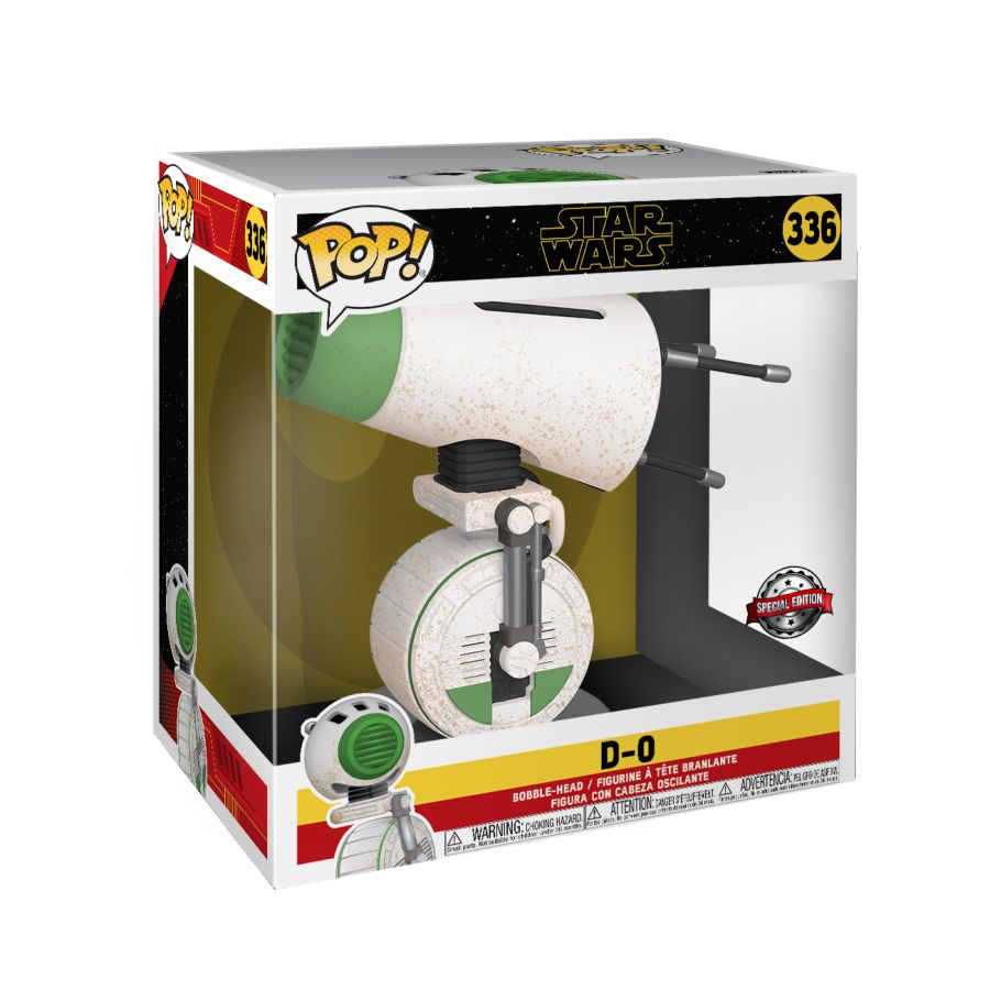 The 10 Pop! Vinyl of D-O from Star Wars: Episode IX Rise of Skywalker, exclusive in the US, features the iconic white and green droid with a wheel design. This collectible is boxed with Star Wars branding and a special edition sticker.