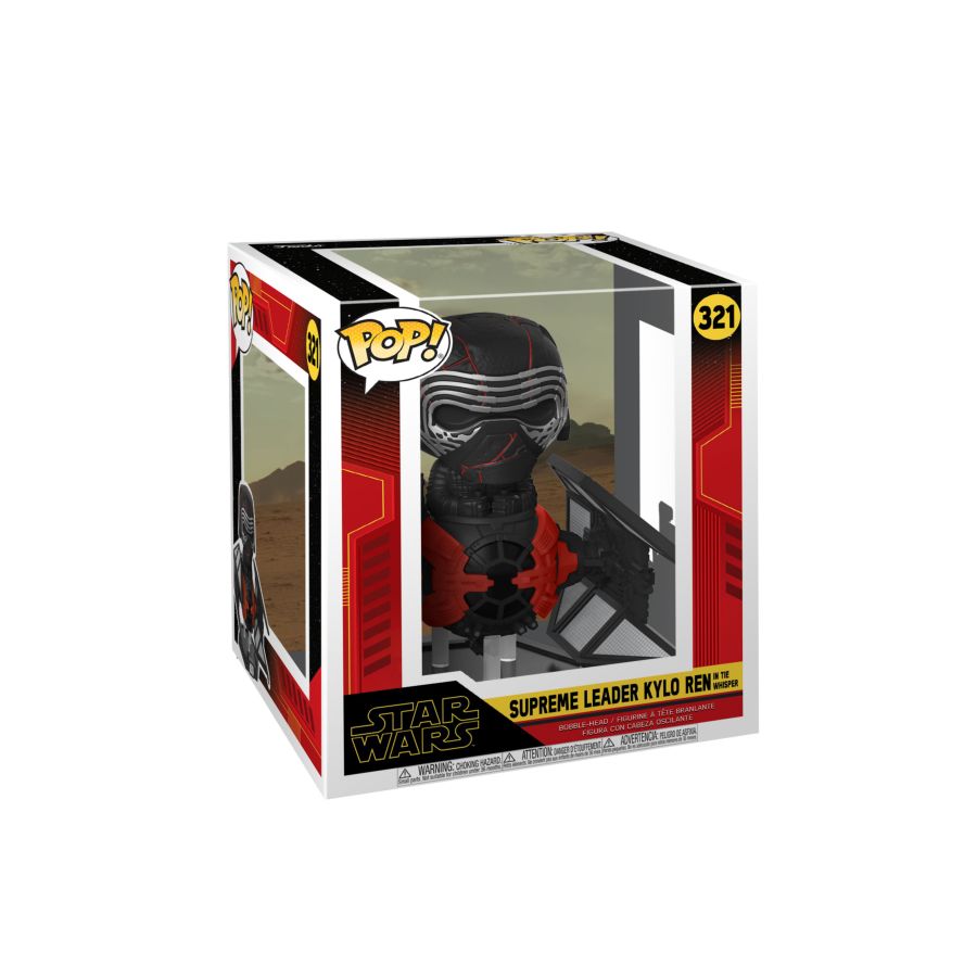 The Funko Pop! Deluxe features Kylo Ren as Supreme Leader in the TIE Whisper from Episode IX: The Rise of Skywalker, showcasing him in black and red armor with a helmet and lightsaber. Packaged in a display box labeled Supreme Leader Kylo Ren, it’s number 321 with Star Wars branding and a desert backdrop.