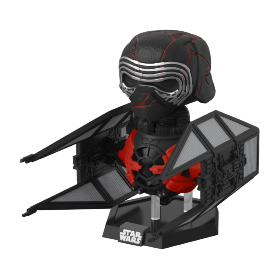The Star Wars - Kylo Ren Supreme Leader in TIE Whisper Episode IX Rise of Skywalker Pop! Deluxe features a stylized Kylo Ren bust with a black and red mask, integrated TIE fighter elements, a silver-lined helmet, and a base with the Star Wars logo—a must-have for collectors.