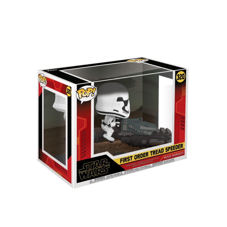 Grab the Star Wars - First Order Tread Speeder Episode IX Rise of Skywalker Pop! Deluxe, featuring a Stormtrooper on a Tread Speeder. Perfect for collectors, this figure is labeled number 320 and hails from the iconic Star Wars universe.