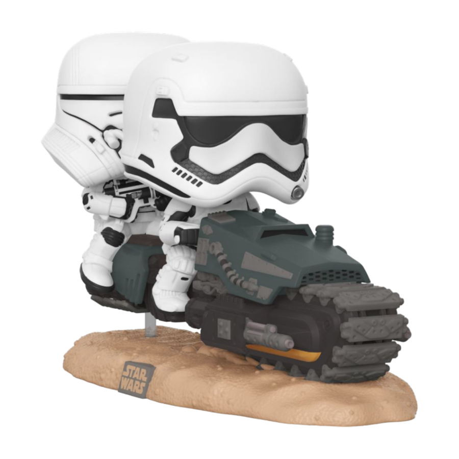 The Star Wars - First Order Tread Speeder Episode IX Rise of Skywalker Pop! Deluxe features a stylized stormtrooper in white armor riding a detailed, dark-colored tread vehicle on a sandy base with the iconic Star Wars logo.