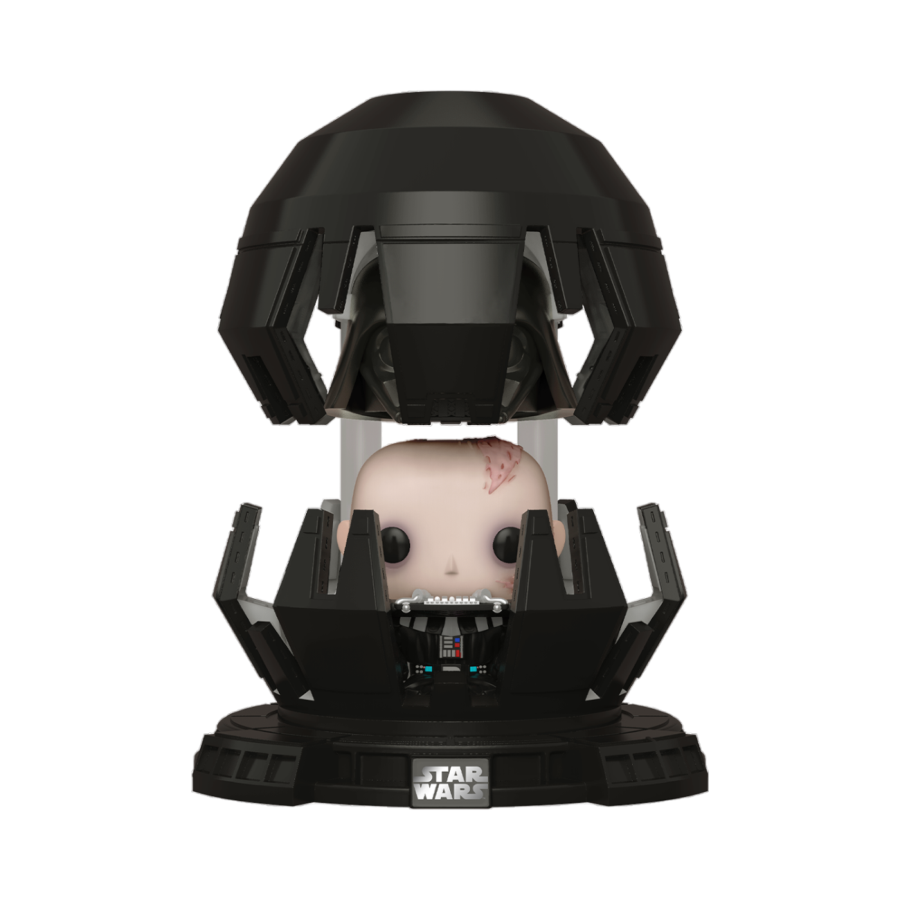 The Pop! Deluxe Funko figure, Star Wars - Darth Vader Meditation Chamber, depicts a bald, scarred character in a dark mechanical helmet. The base features the iconic Star Wars logo, fully capturing the sci-fi essence.