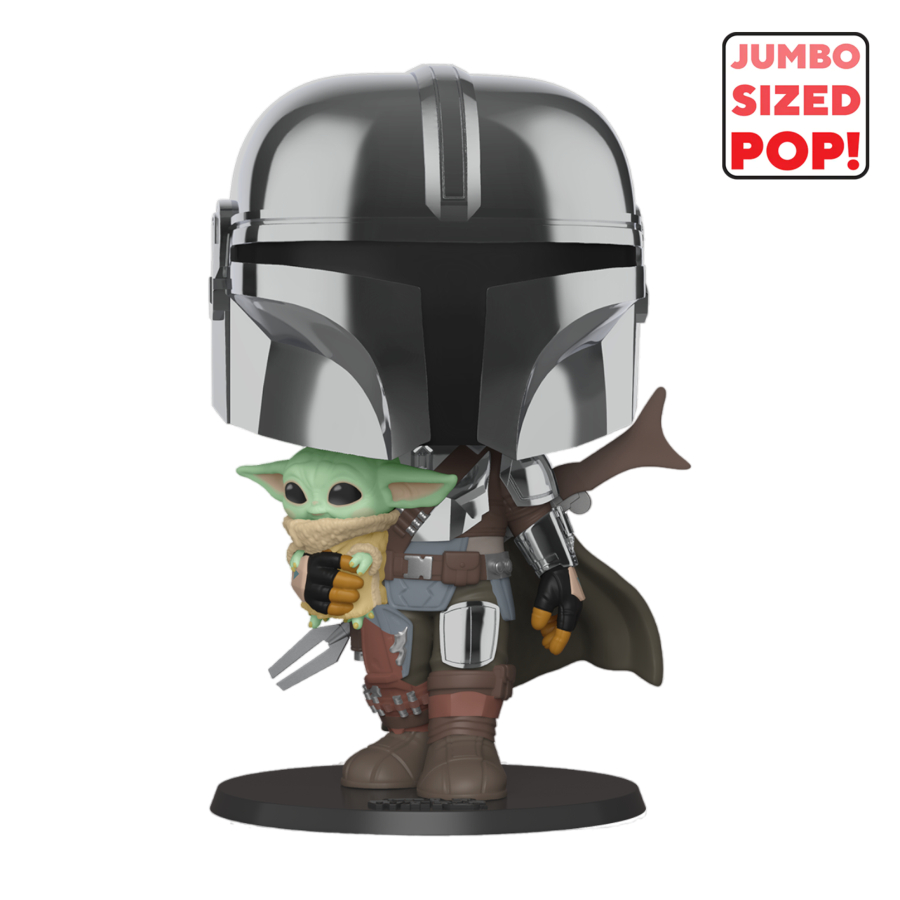 The Star Wars: The Mandalorian - Mandalorian with Child Chrome 10 Pop! Vinyl features Din Djarin in shiny armor and holding The Child, complete with a cape, brown suit, and holstered weapon. A JUMBO SIZED POP! logo is on the top right.