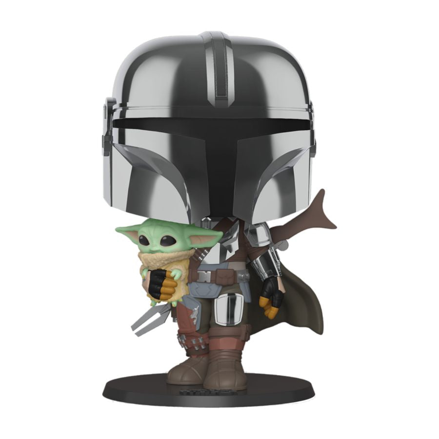 The Star Wars: The Mandalorian - Mandalorian with Child Chrome 10 Pop! Vinyl features Din Djarin in metallic armor and helmet with exaggerated details, holding The Child. Both stand on a black base, his cape flowing behind.
