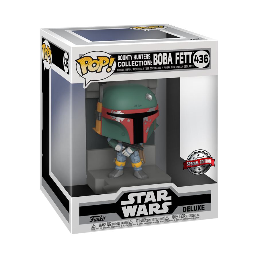Funko Pop! Deluxe Diorama #436 features a Boba Fett Metallic figure from the Star Wars Bounty Hunter Collection. It has a metallic finish on the helmet and armor, clear windows, and a Special Edition sticker. US Exclusive.