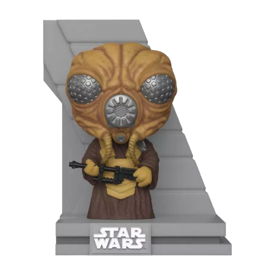 This US Exclusive Pop! Deluxe Diorama from the Star Wars Bounty Hunter Collection features a metallic Zuckuss with an insect-like head, brown robe, and weapon. It includes a Star Wars logo on the base with a gray stepped backdrop.