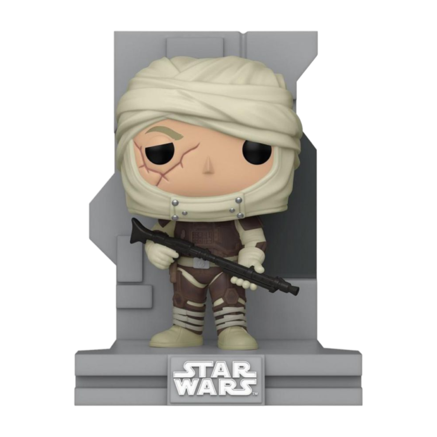 This Star Wars - Bounty Hunter Collection Dengar Pop! Deluxe Diorama showcases the formidable Dengar with his bandaged head and scar, holding a blaster. He stands against a gray backdrop with the Star Wars logo at the base.