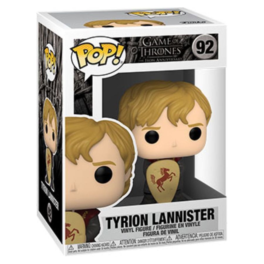 A Game of Thrones - Tyrion with Shield Pop! Vinyl figure 92 features Tyrion Lannister with blonde hair and a lion-emblazoned shield, displayed in its original packaging.