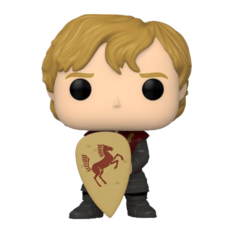 Introducing the A Game of Thrones - Tyrion with Shield Pop! Vinyl, a must-have for collectors, featuring a blond knight in a dark outfit with a tan shield displaying a red horse emblem, capturing Tyrion Lannisters bold spirit.