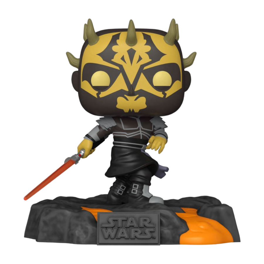 The Star Wars - Red Saber Series: Savage Opress Glow US Exclusive Pop! Deluxe showcases Savage Opress with yellow and black markings, holding a red lightsaber. It stands on an orange-accented rocky base, displaying the Star Wars logo prominently.