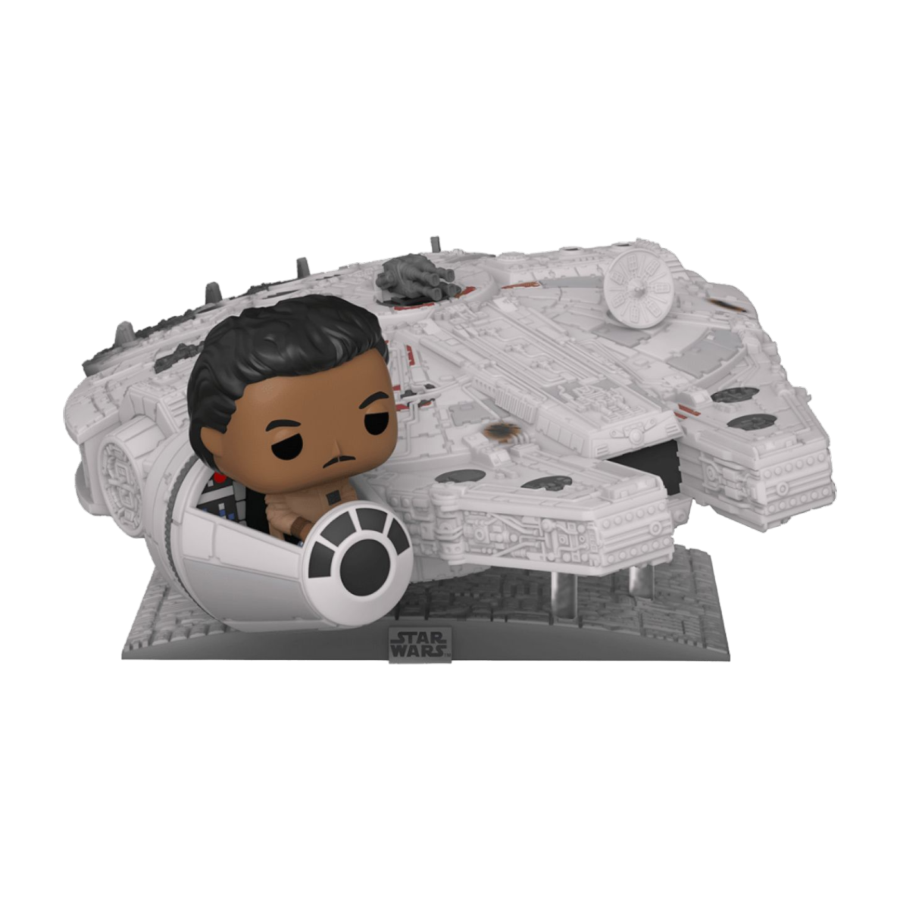 The Star Wars Celebration 2022 exclusive Pop! Ride features Lando Calrissian piloting the Millennium Falcon, a gray spaceship from Star Wars, against a plain black backdrop, making it essential for collectors.