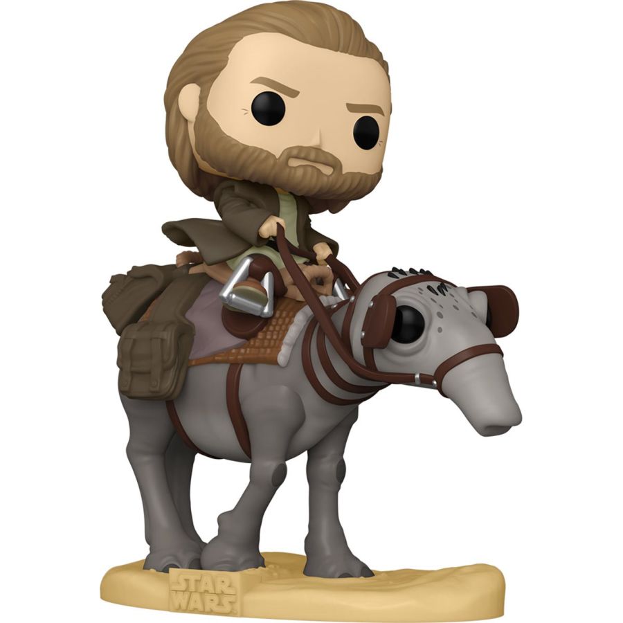 Funko Pop! Deluxe vinyl figure features Ben Kenobi with a beard on an Eopie from Star Wars, with large eyes, stylized details, saddle, and reins. Ideal for collectors, the base is marked Star Wars. Product Name: Star Wars - Ben Kenobi on Eopie Pop! Deluxe.