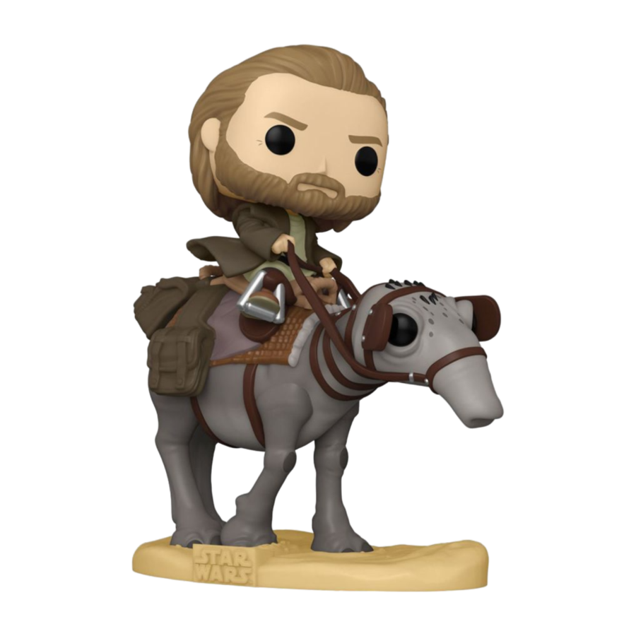 The Star Wars - Ben Kenobi on Eopie Pop! Deluxe figure shows a cloaked, bearded man riding an Eopie. Set on a sandy Star Wars base with bags beside him and a calm expression, this is a must-have collectible for Obi-Wan Kenobi series fans!.