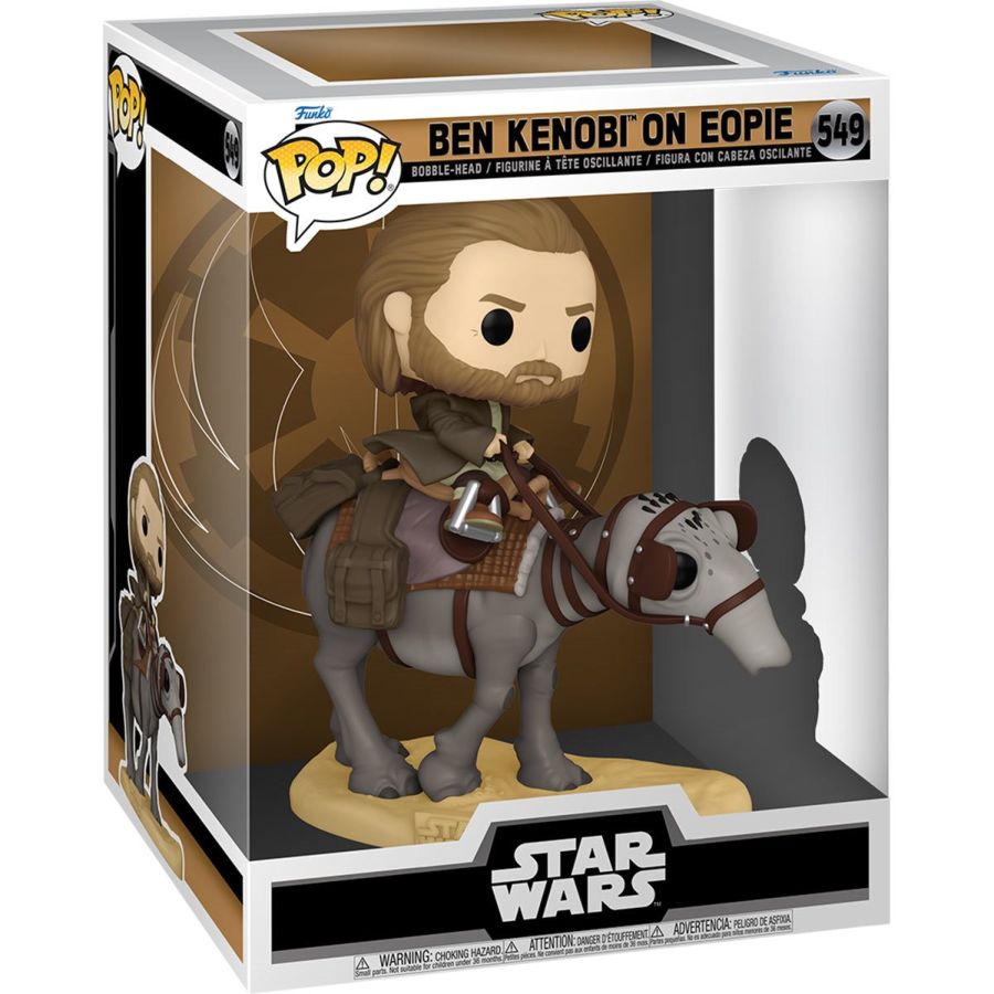 The Star Wars - Ben Kenobi on Eopie Pop! Deluxe, number 549, features Ben Kenobi riding an Eopie in a display box with artwork and the Star Wars logo. This collectible is essential for fans of the Obi-Wan Kenobi series.