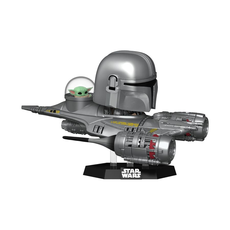 The Star Wars - The Mandalorian and Grogu in N1 Starfighter US Exclusive Pop! Ride features a stylized toy with Grogu piloting a metallic spaceship under a dome cockpit. The base displays the iconic Star Wars logo.