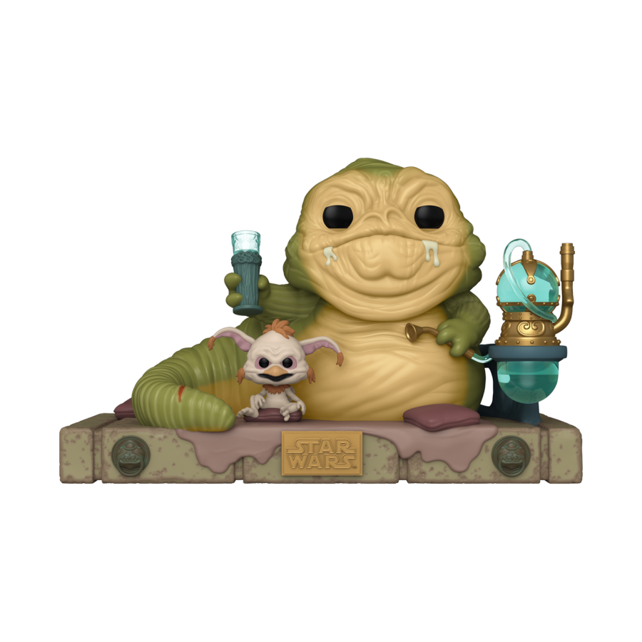 Celebrate Star Wars with the Funko Pop! Star Wars: Return of the Jedi 40th Anniversary - Jabba with Salacious Pop! Movie Moment, featuring a large green Jabba holding a cup, sitting on a stone platform with his mischievous companion and hookah, complete with a commemorative plaque.