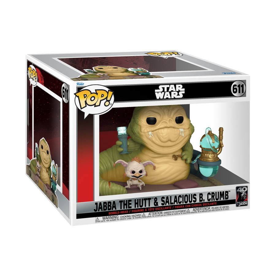 Celebrate Star Wars 40th Anniversary with the Jabba with Salacious Pop! Movie Moment, featuring Jabba relaxing with a hookah and Salacious nearby. Packaged in box 611 with anniversary logos, its perfect for fans of the galaxy far, far away.