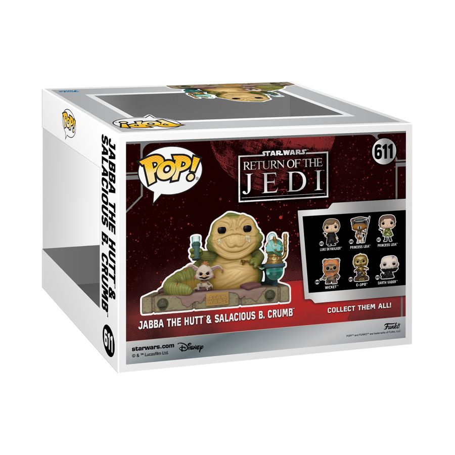 Celebrate Star Wars: Return of the Jedi 40th Anniversary with the Funko Pop! Movie Moment featuring Jabba with Salacious. The front showcases these iconic figures, and the side reveals smaller images of additional collectibles.