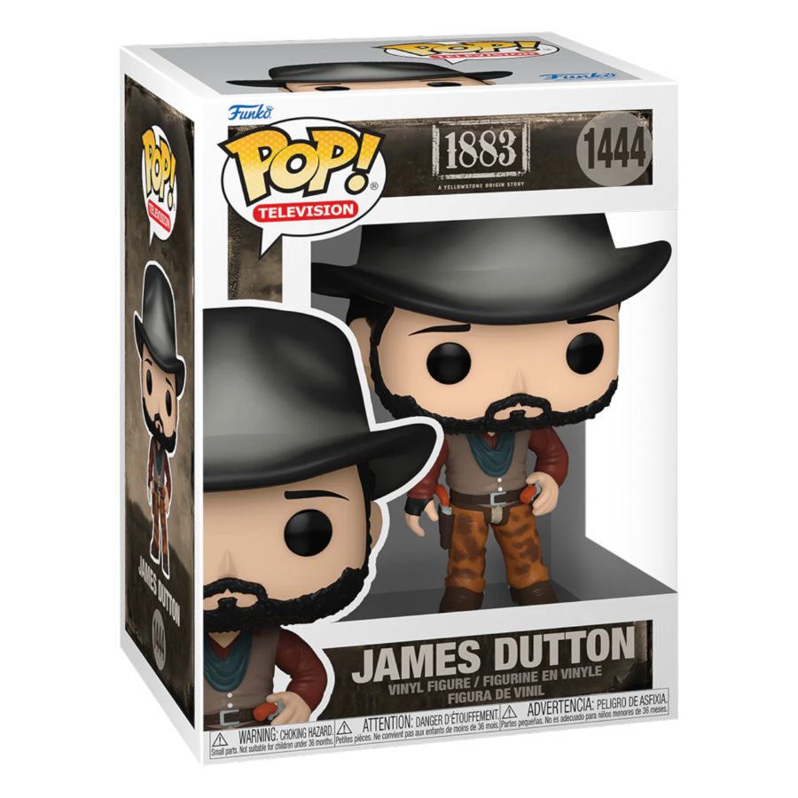 The 1883 - James Dutton Pop! Vinyl is essential for Pop! Television fans, showcasing the character in western gear with a cowboy hat and firearm, all in a display-ready box with a clear front.