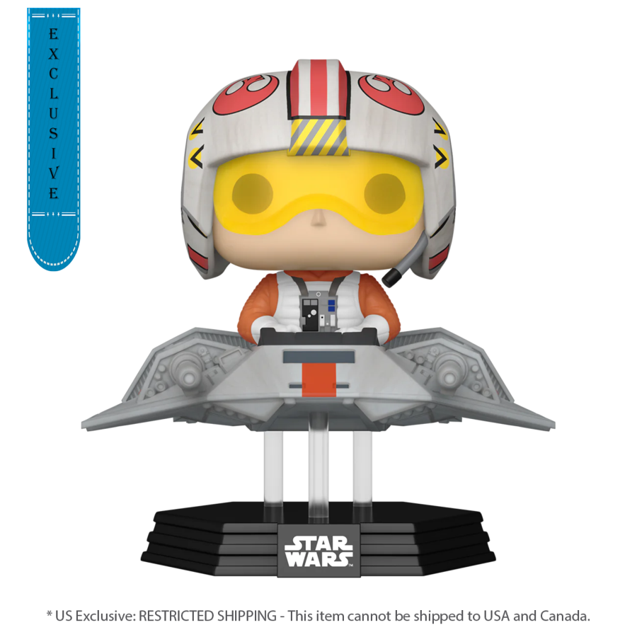 This Pop! Ride vinyl figure, exclusive to the US, features Luke Skywalker in his T-47 Airspeeder gear: a red and white pilot helmet with yellow goggles, an orange and white suit, and a spaceship-like grey base labeled Star Wars.