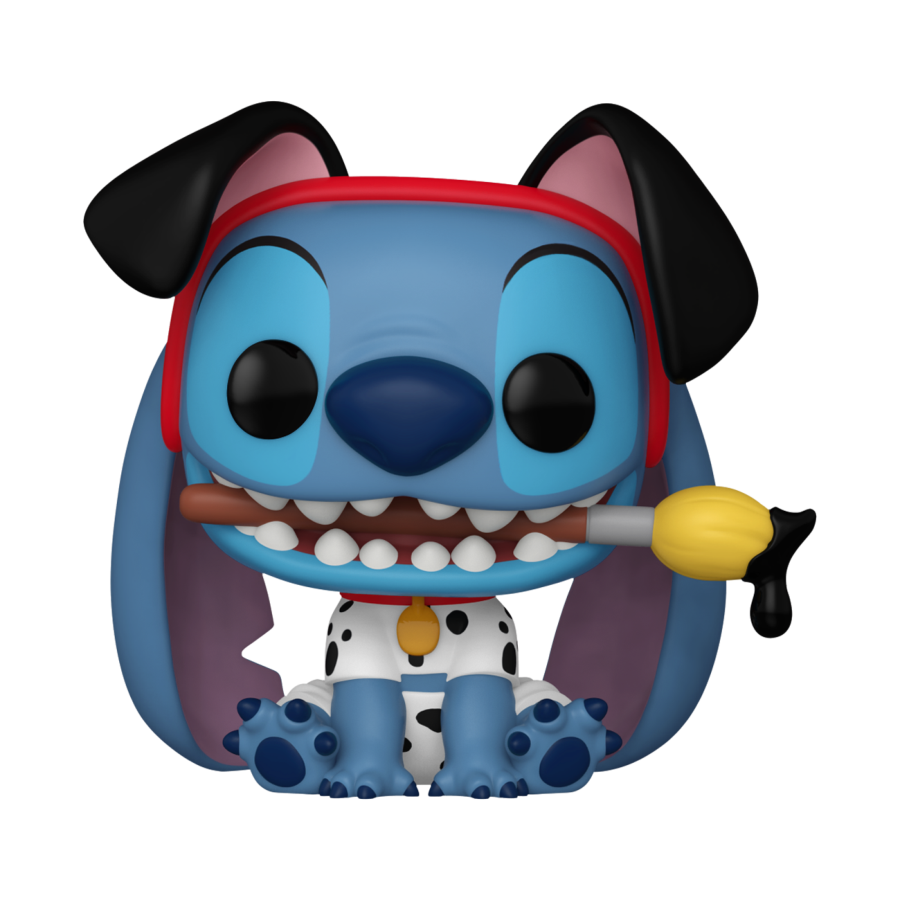 This vibrant Disney collectible is a Stitch Pongo Costume Pop! Vinyl, featuring a blue alien reminiscent of Stitch in a Pongo costume. It sits down with oversized black eyes, wears a spotted white scarf and red hat with black ears, and holds a large paintbrush in its mouth.