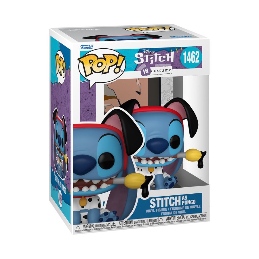 Explore the Disney Stitch Pongo Costume Pop! Vinyl figure, perfect for collectors. This blue figure wears a red and black outfit with drumsticks and comes in a branded box labeled 1462.