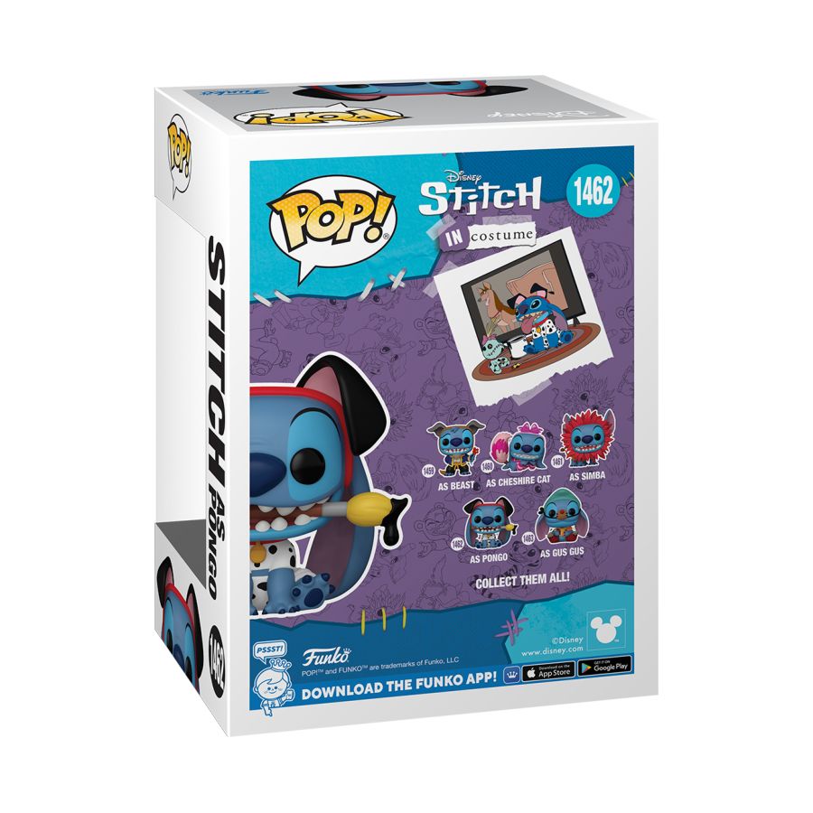 This vibrant box showcases a Pop! Vinyl Disney collectible featuring Stitch in costumes such as Beast, Cheshire Cat, Simba, and the exclusive Pongo Costume edition. Item number 1462 is a must-have for fans!.
