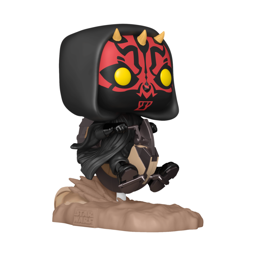 The Star Wars: Phantom Menace 25th Anniversary - Darth Maul on Bloodfin Pop! Ride features a black hood, red and black facial markings, yellow eyes, small horns, and wields a double-bladed red lightsaber. It stands on a sand-colored base with the Star Wars logo.