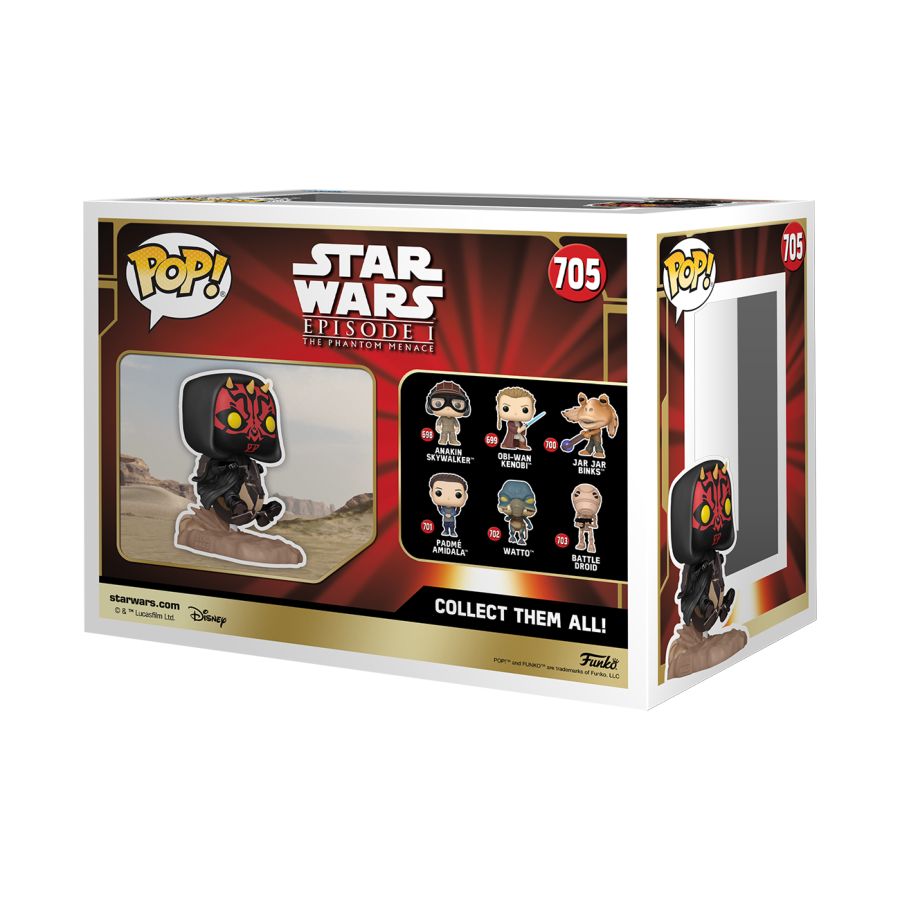 Celebrate the 25th Anniversary of Star Wars: The Phantom Menace with the Funko Pop! featuring Darth Maul on his Bloodfin, numbered 705. This collectible showcases the menacing Sith alongside images of other figures, hinting at an adventure.