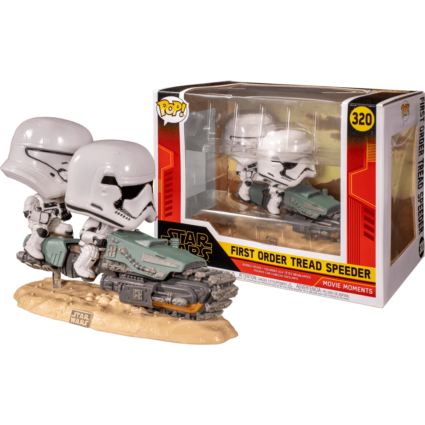 This Star Wars Pop! Deluxe captures the essence of Episode IX: Rise of Skywalker with its First Order Tread Speeder, featuring two white-helmeted Stormtroopers on a sleek gray and green speeder. Its a must-have for Movie Moments 320 collectors.