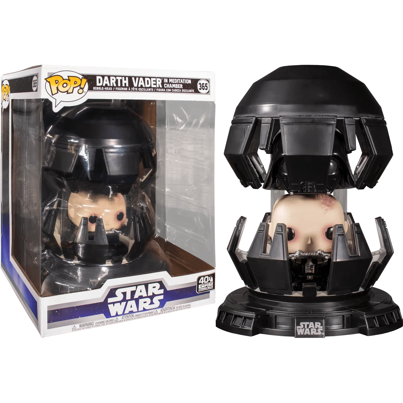 The Star Wars - Darth Vader Meditation Chamber Pop! Deluxe figure (#365) captures the essence of Star Wars, featuring a stylized head with a partially opened helmet. It can be displayed both in and out of the box.