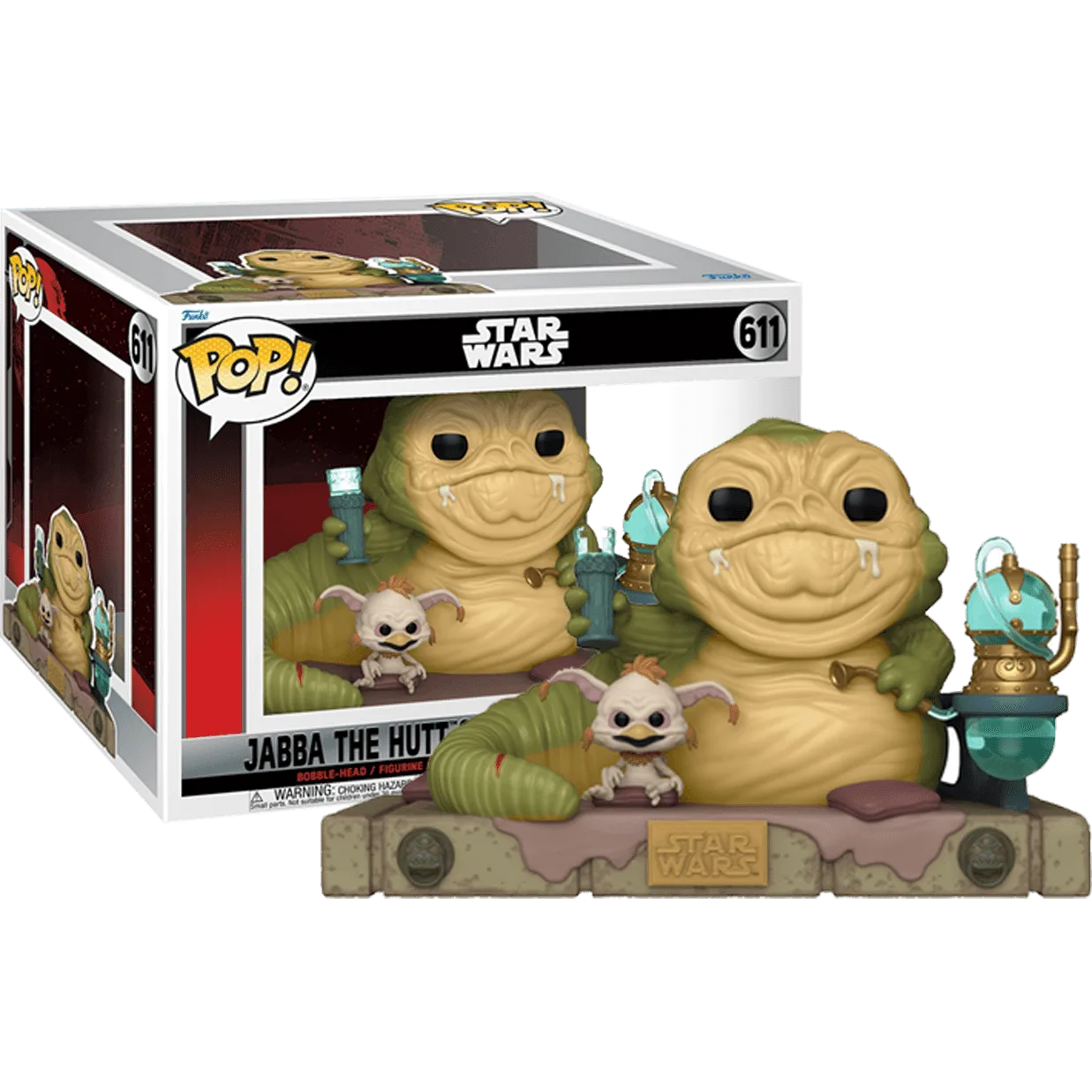 Celebrate the 40th Anniversary of Star Wars: Return of the Jedi with Funko Pop! Movie Moment featuring Jabba seated with Salacious. Includes two small creatures and a hookah-like accessory, beautifully boxed with matching branding and design.