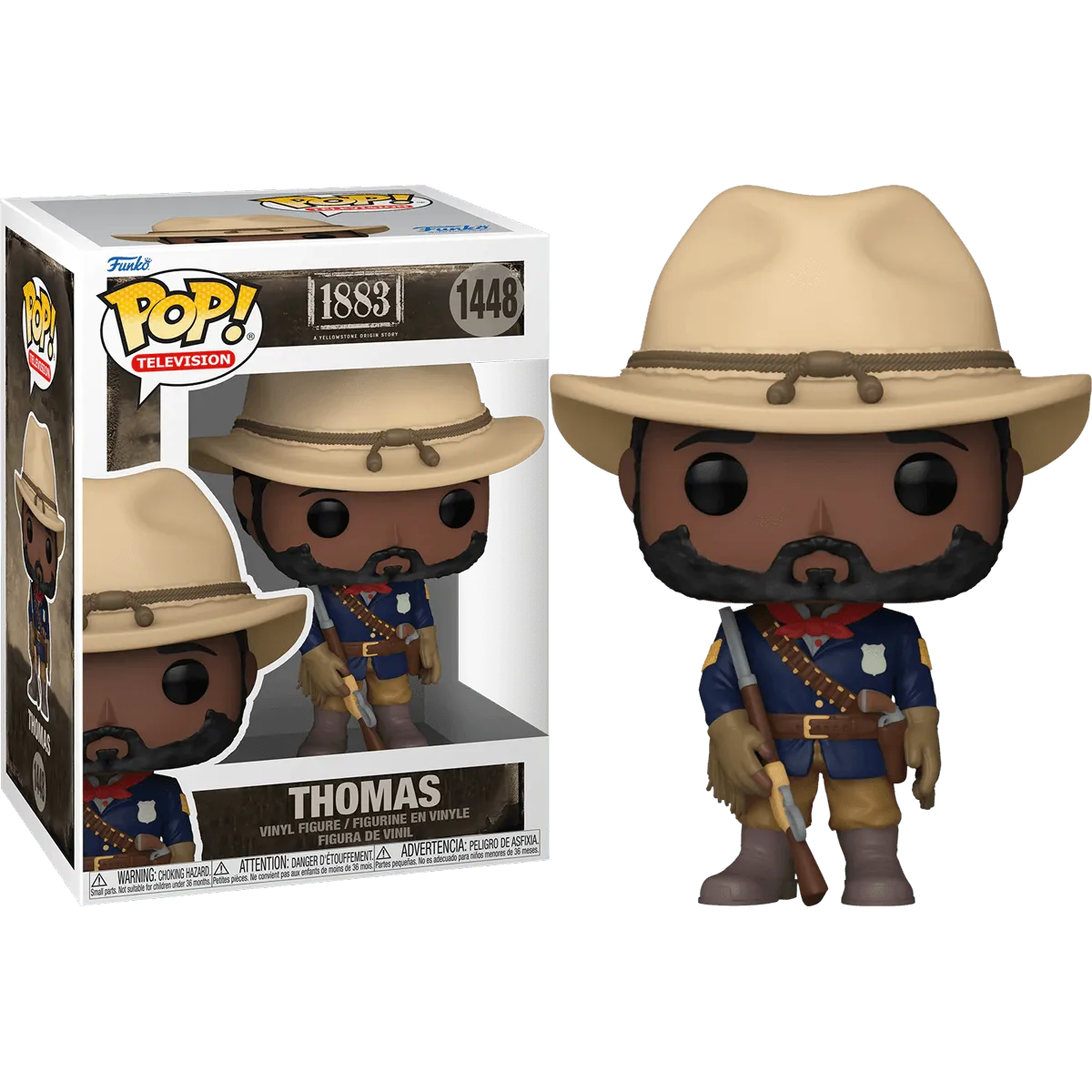 The 1883 - Thomas Pop! Vinyl figure features cowboy Thomas with a tan hat, blue jacket, and brown gloves holding a rifle. Its the ultimate collectible, packaged to highlight the character and series from Paramounts 1883.