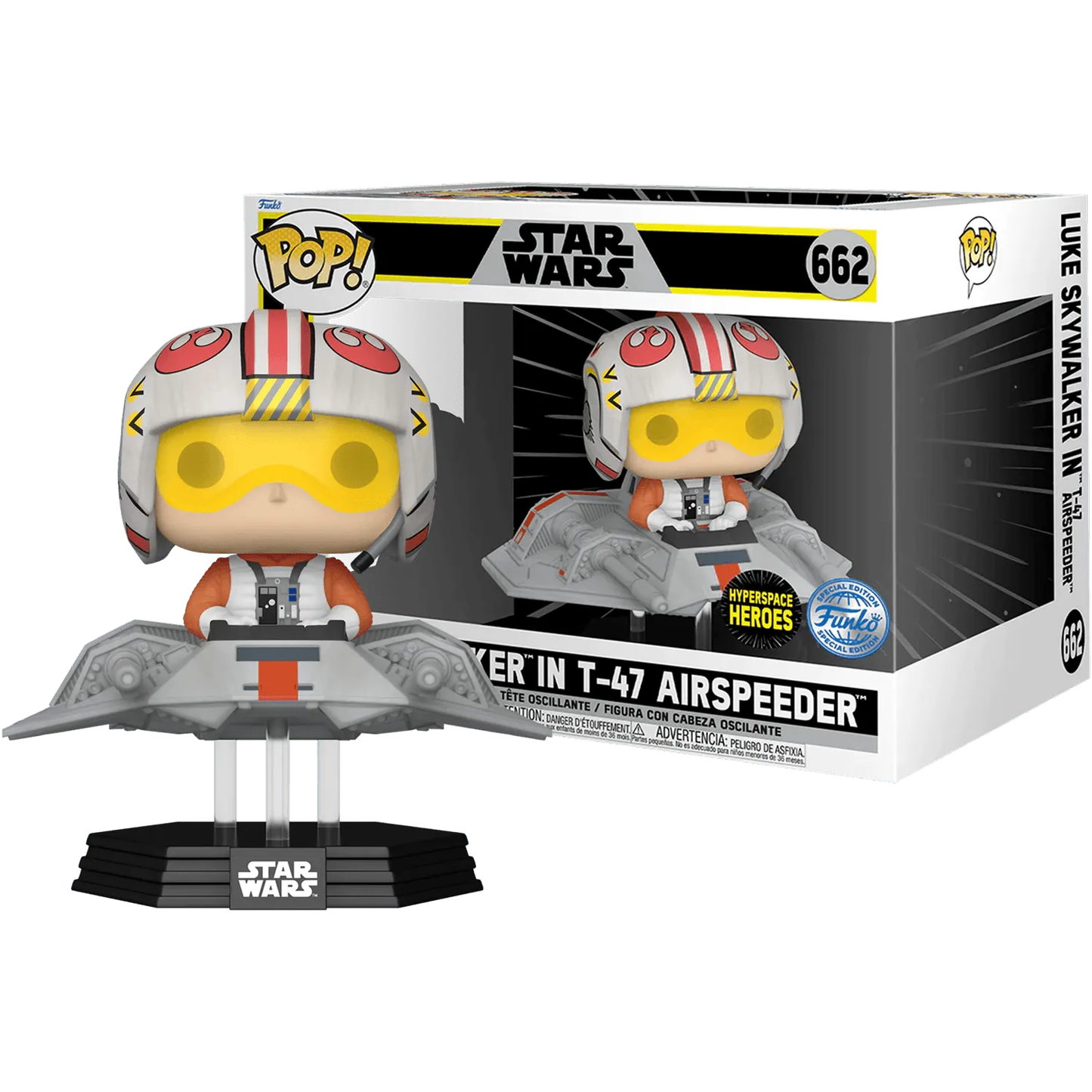 This Funko Pop! Ride, Star Wars - Luke in T-47 Airspeeder, features Luke in an orange and white flight suit with yellow goggles on a T-47 Airspeeder platform. Ideal for Star Wars fans, the packaging highlights the Star Wars theme and presents Luke Skywalker in T-47 Airspeeder.
