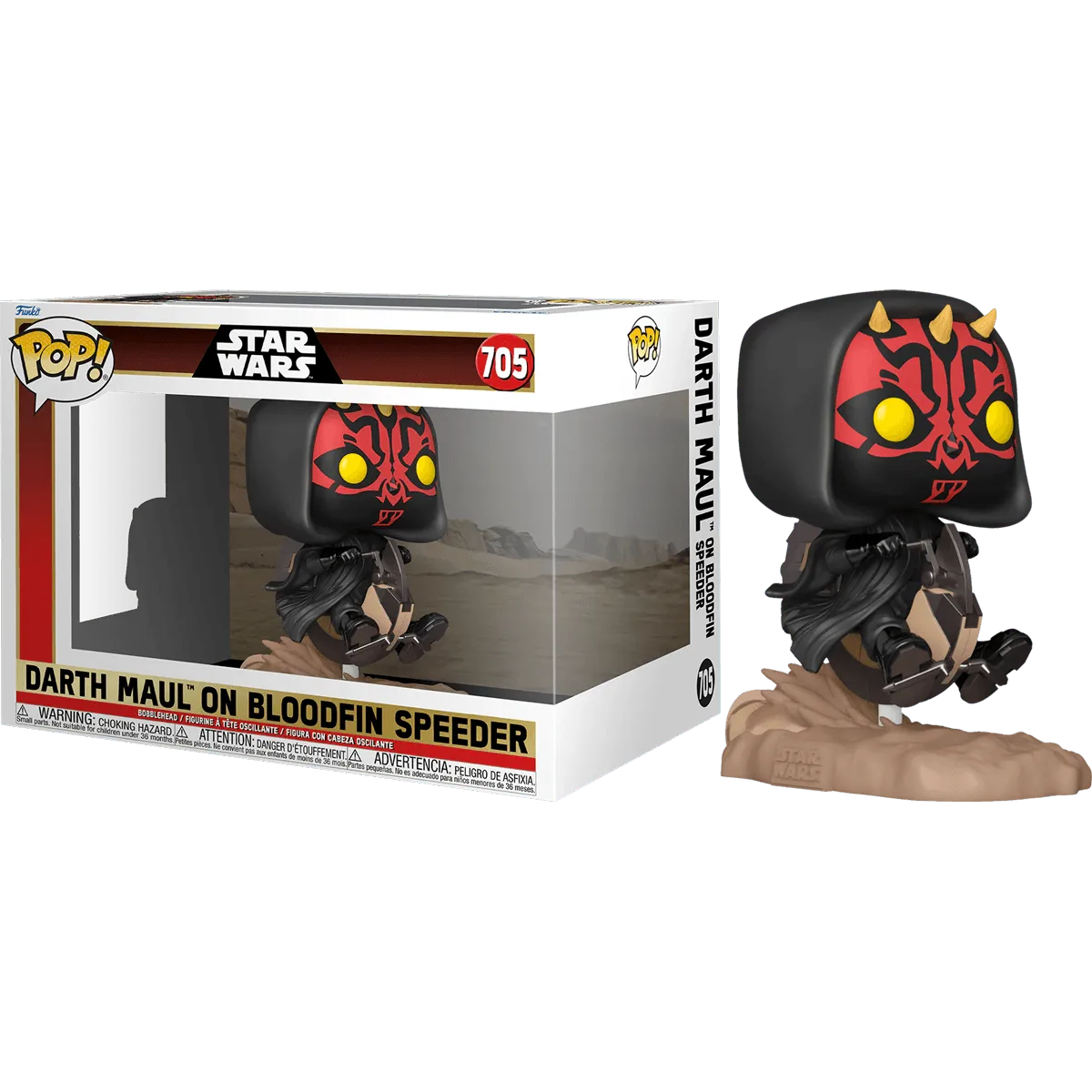 The Star Wars: Phantom Menace 25th Anniversary - Darth Maul on Bloodfin Pop! Ride presents Maul with red and black features, yellow eyes, and horns in a crouching pose, perfectly displayed in its iconic Star Wars box for fans of the legendary saga.