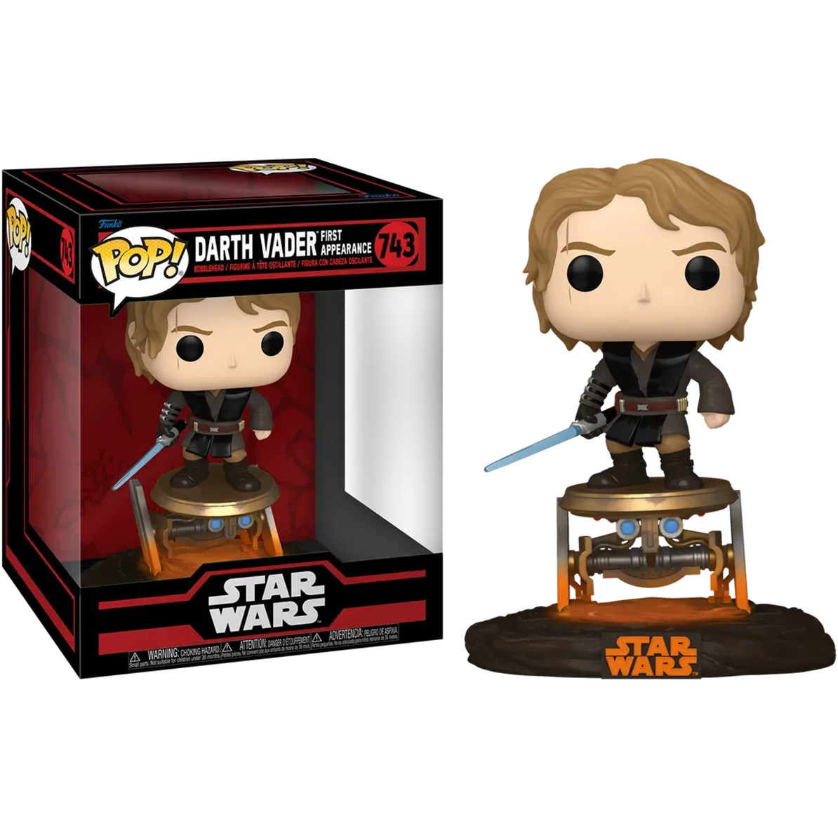 This Star Wars collectible includes the Darth Vader Pop! Ride from Funkos First Appearance collection, number 543, featuring him with a blue lightsaber artfully posed on a platform with the box displayed beside it.