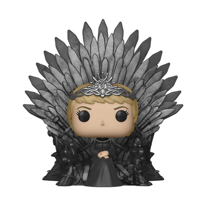 The A Game of Thrones - Cersei on Iron Throne Pop! Deluxe features a stylized figure of Cersei with a crown, short hair, and dark outfit seated on the intricately detailed sword-crafted throne.