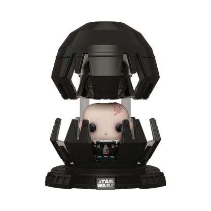 The Pop! Deluxe Funko figure, Star Wars - Darth Vader Meditation Chamber, depicts a bald, scarred character in a dark mechanical helmet. The base features the iconic Star Wars logo, fully capturing the sci-fi essence.