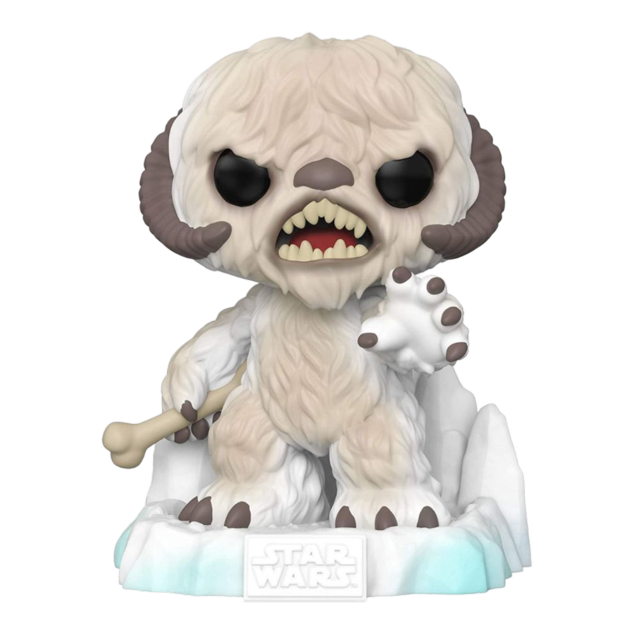 The Star Wars - Wampa US Exclusive Pop! Deluxe Diorama [RS] figure showcases the fierce Wampa from The Empire Strikes Back, featuring white fur, a bone in hand, an icy base with large black eyes, curved horns, and the Star Wars logo.