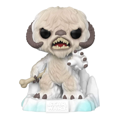 The Star Wars - Wampa US Exclusive Pop! Deluxe Diorama [RS] figure showcases the fierce Wampa from The Empire Strikes Back, featuring white fur, a bone in hand, an icy base with large black eyes, curved horns, and the Star Wars logo.