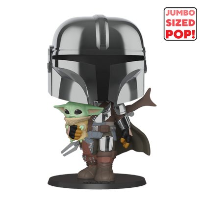 The Star Wars: The Mandalorian - Mandalorian with Child Chrome 10 Pop! Vinyl features Din Djarin in shiny armor and holding The Child, complete with a cape, brown suit, and holstered weapon. A JUMBO SIZED POP! logo is on the top right.