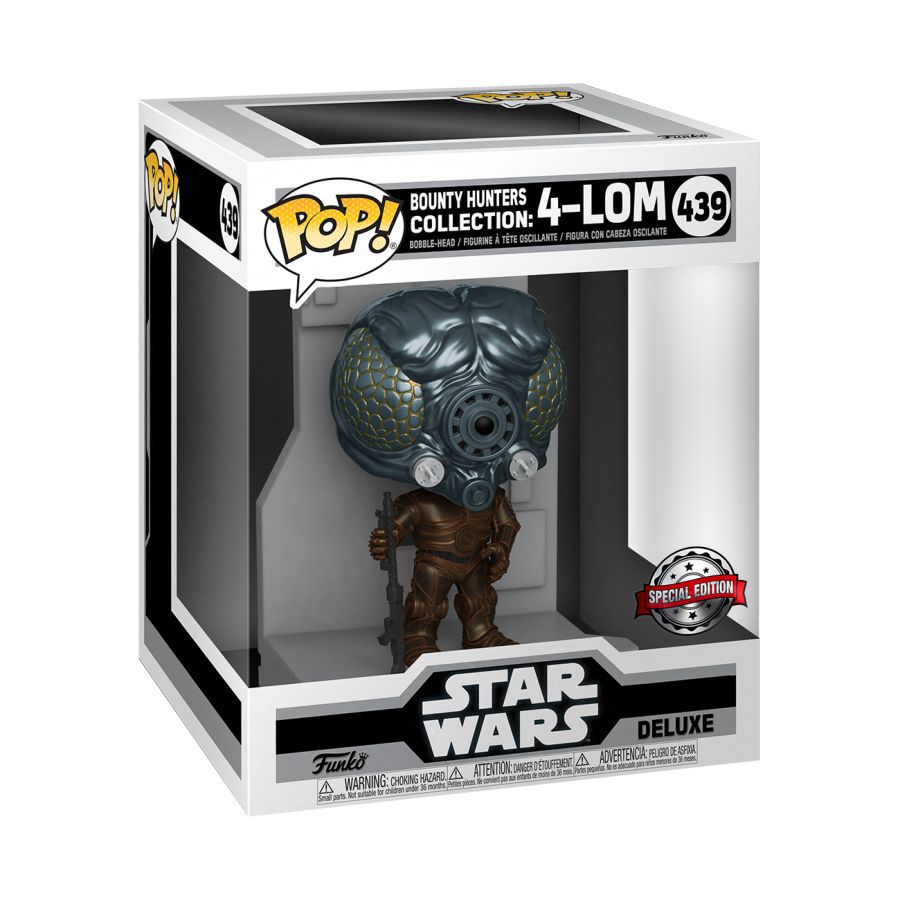 The Star Wars - Bounty Hunter Collection 4-LOM Pop! Deluxe Diorama [RS], collectible number 439, features a detailed robotic design and insect-like head, housed in a clear display box with a Special Edition label.