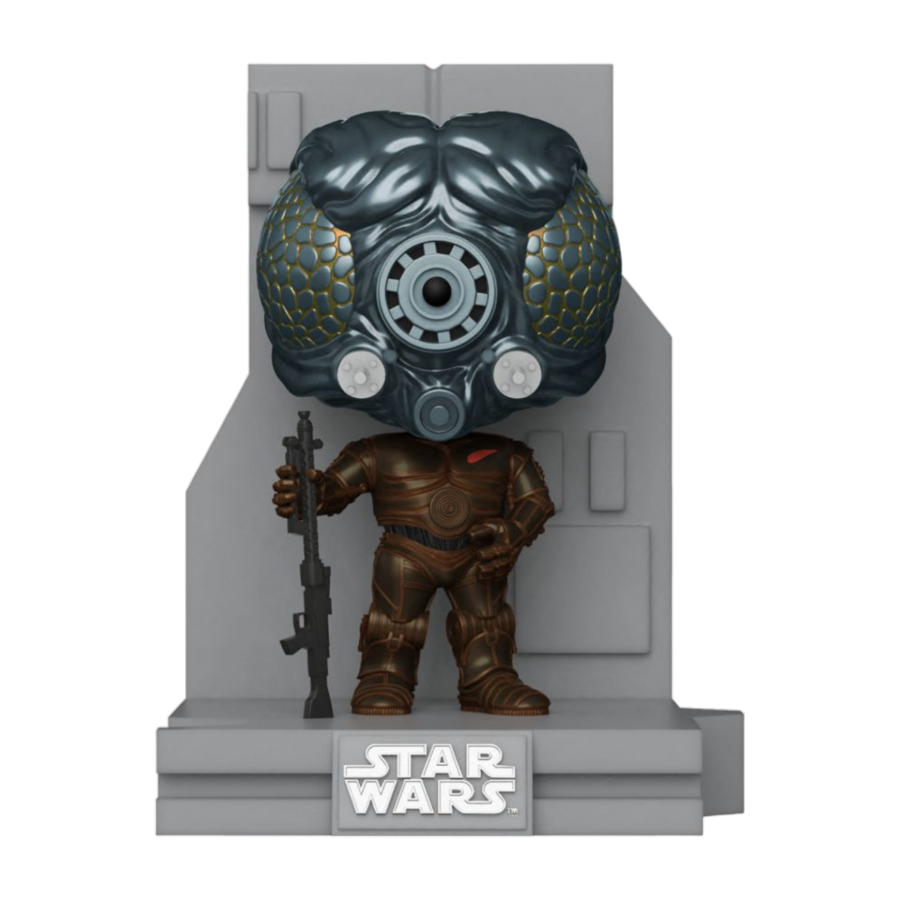 The Star Wars - Bounty Hunter Collection 4-LOM Pop! Deluxe Diorama [RS] features 4-LOM, a stylized figure on a gray base, showcasing an oversized insect-like head with large eyes, a circular mouthpiece, a detailed spacesuit, and holding a rifle.