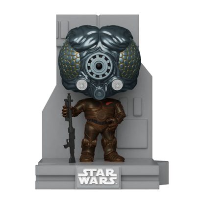 The Star Wars - Bounty Hunter Collection 4-LOM Pop! Deluxe Diorama [RS] features 4-LOM, a stylized figure on a gray base, showcasing an oversized insect-like head with large eyes, a circular mouthpiece, a detailed spacesuit, and holding a rifle.