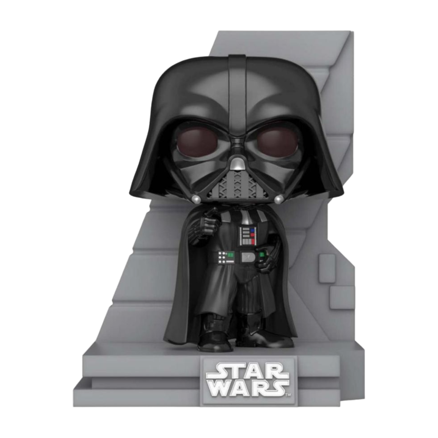 The Star Wars - Bounty Hunter Collection Darth Vader US Exclusive Pop! Deluxe Diorama [RS] features the iconic black-armored character in a helmet and cape on a gray platform with the Star Wars logo, showcasing detailed elements like his chest panel and belt. A must-have for collectors.