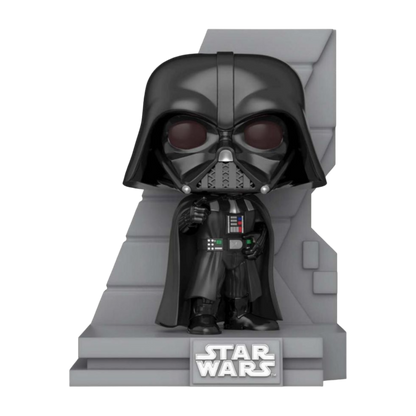 The Star Wars - Bounty Hunter Collection Darth Vader US Exclusive Pop! Deluxe Diorama [RS] features the iconic black-armored character in a helmet and cape on a gray platform with the Star Wars logo, showcasing detailed elements like his chest panel and belt. A must-have for collectors.