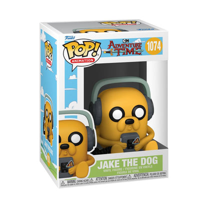 Encased in original packaging with vibrant designs, this Funko Pop! Vinyl figure features Jake the Dog from Adventure Time wearing headphones. A must-have collectible, it’s number 1074 in the series and showcases logos on a striking blue background.
