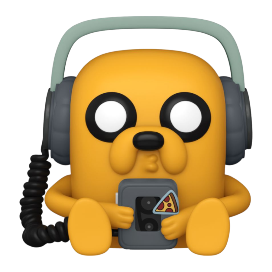 A cartoon-style, yellow dog Pop! Vinyl by Funko features large headphones and a camera with a pizza sticker, reminiscent of Adventure Times Jake the Dog. This collectible pup has big eyes, floppy ears, and a relaxed expression.